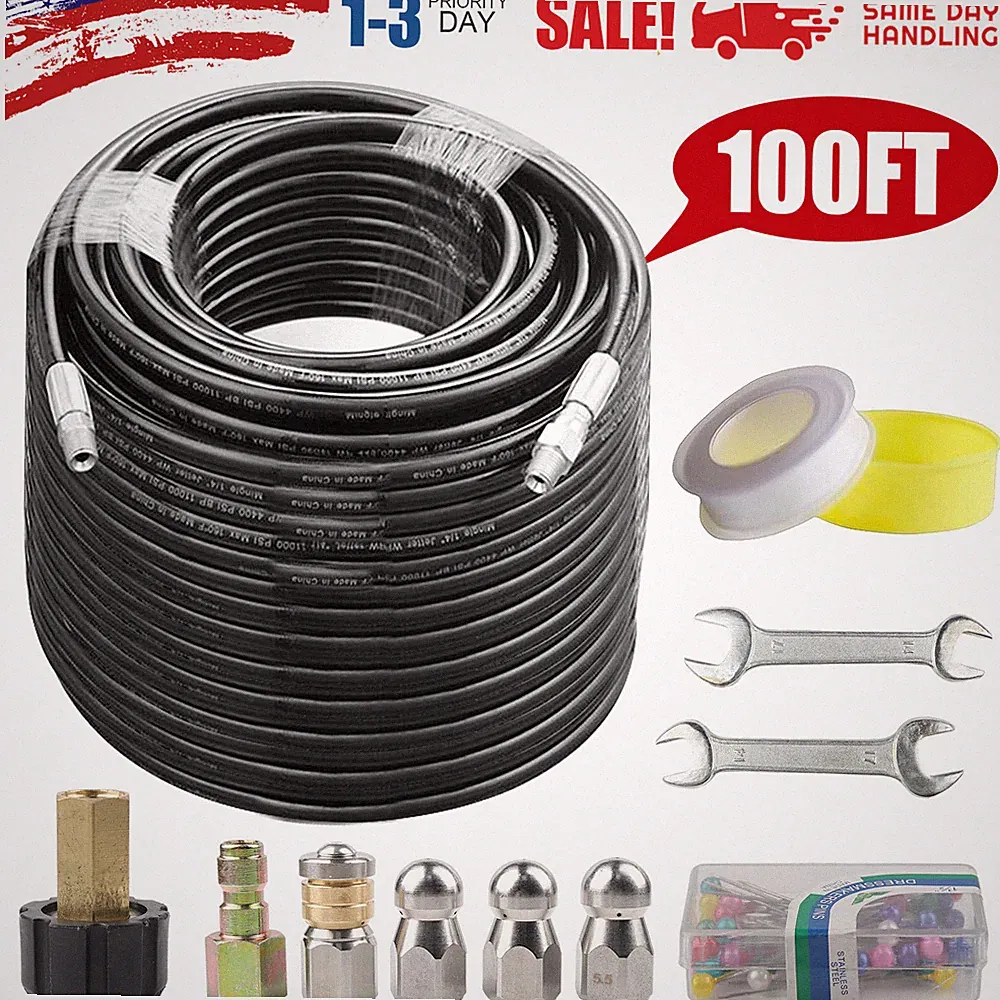 5800PSI Sewer Jetter Nozzles Kit 100FT Drain Cleaning Hose for Pressure Washer