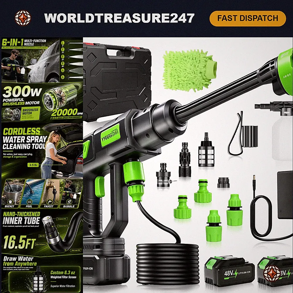6-in-1 Cordless Pressure Washer 1300 PSI, Portable Battery-Powered Cleaner, 2x 4