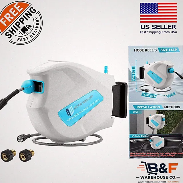 65 FT Pressure Washer Hose Reel - Flexible Retraction & Leak-Resistant