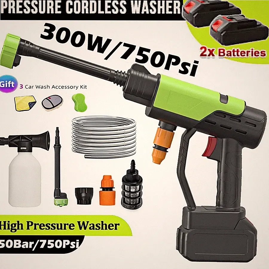 750PSI Cordless Pressure Washer Gun 3 Water Supply, 2 Batteries, 6 in 1 Nozzle