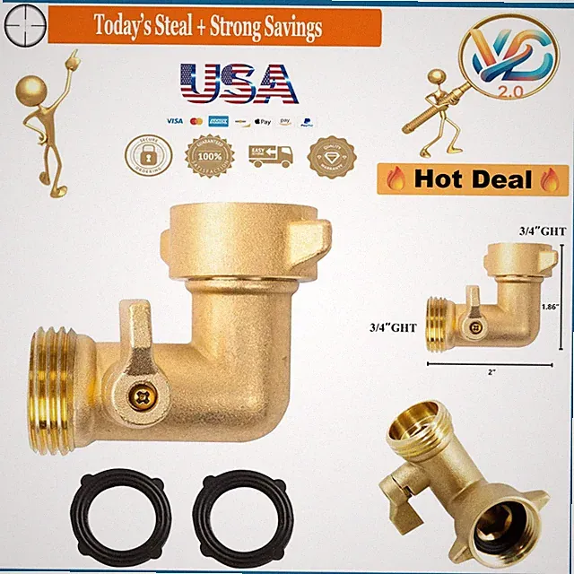 90 Degree Brass Garden Hose Adapter with Shut Off Valve 3/4" Elbow