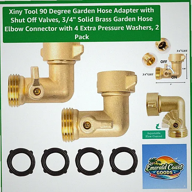 90-Degree Brass Garden Hose Adapter with Shut-Off Valves & 4 Washers - 2 Pack