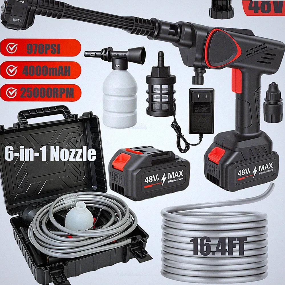 970PSI 4000mAH Cordless Pressure Washer Handheld Car Wash Gun 6-in-1 Nozzle