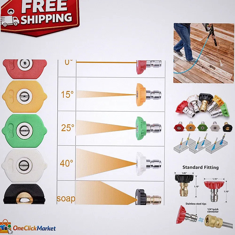 Adjustable 5-Pack Pressure Washer Nozzle Tips up to 4500 PSI – Compact Design