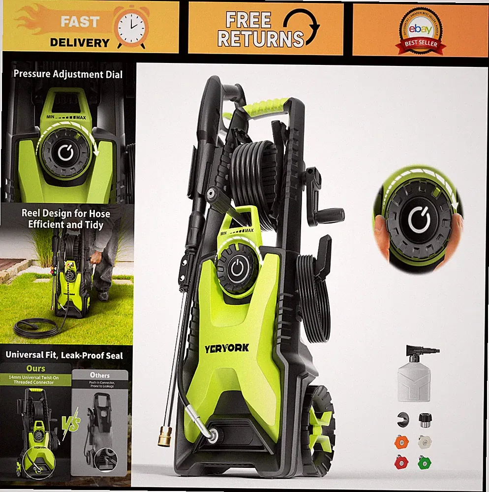 Adjustable 5000 PSI Pressure Washer, 2.5 GPM, 33FT Hose Reel, Foam Cannon & Nozz