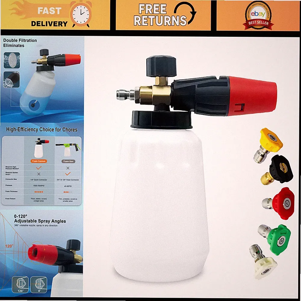 Adjustable Foam Cannon for Pressure Washer - 1L Bottle, 5 Nozzle Tips, Quick Con