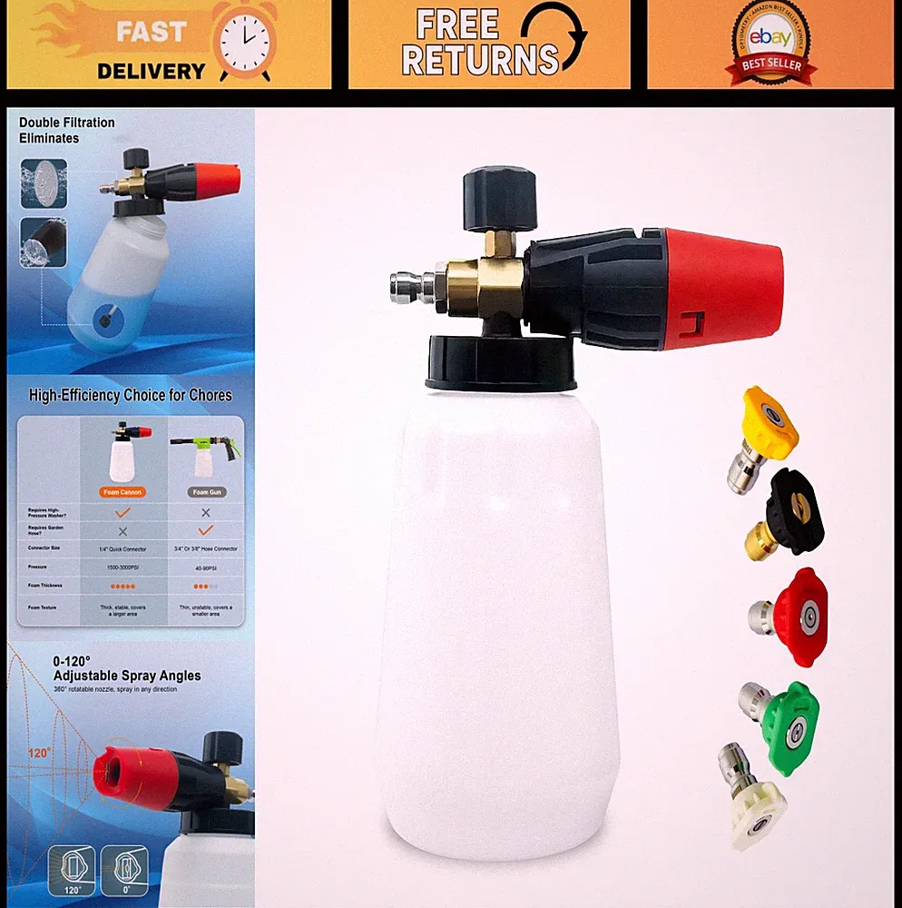 Adjustable Foam Cannon for Pressure Washer, 1L Bottle, 5 Nozzle Tips, Quick Conn