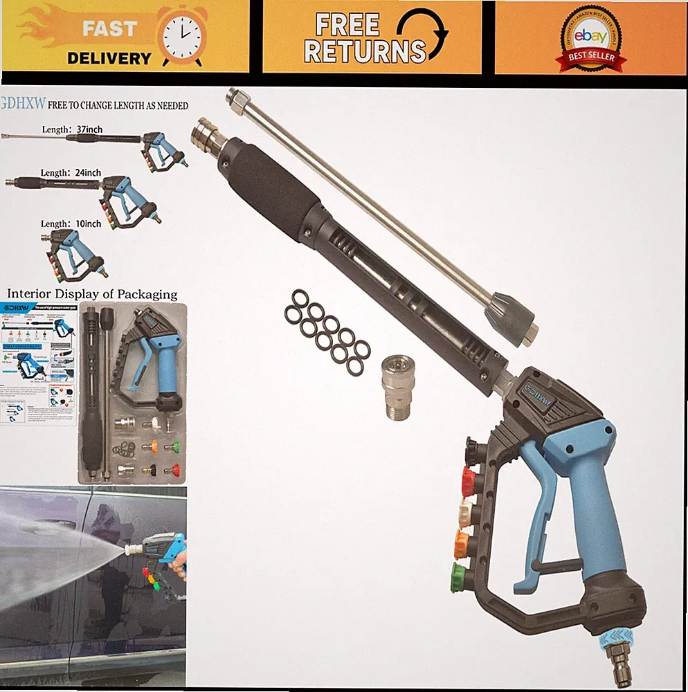 Adjustable High Power Pressure Washer Gun, 5000 PSI, 2 Extension Wands, 5 Nozzle