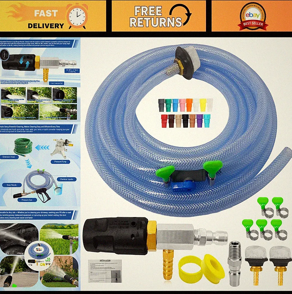 Adjustable Long Range Pressure Washer Nozzle Kit, 4-4.5 GPM, 15FT Hose, Chemical