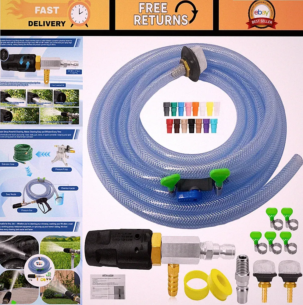 Adjustable Long Range Pressure Washer Nozzle Kit, 4-4.5 GPM, 15FT Hose, Chemical