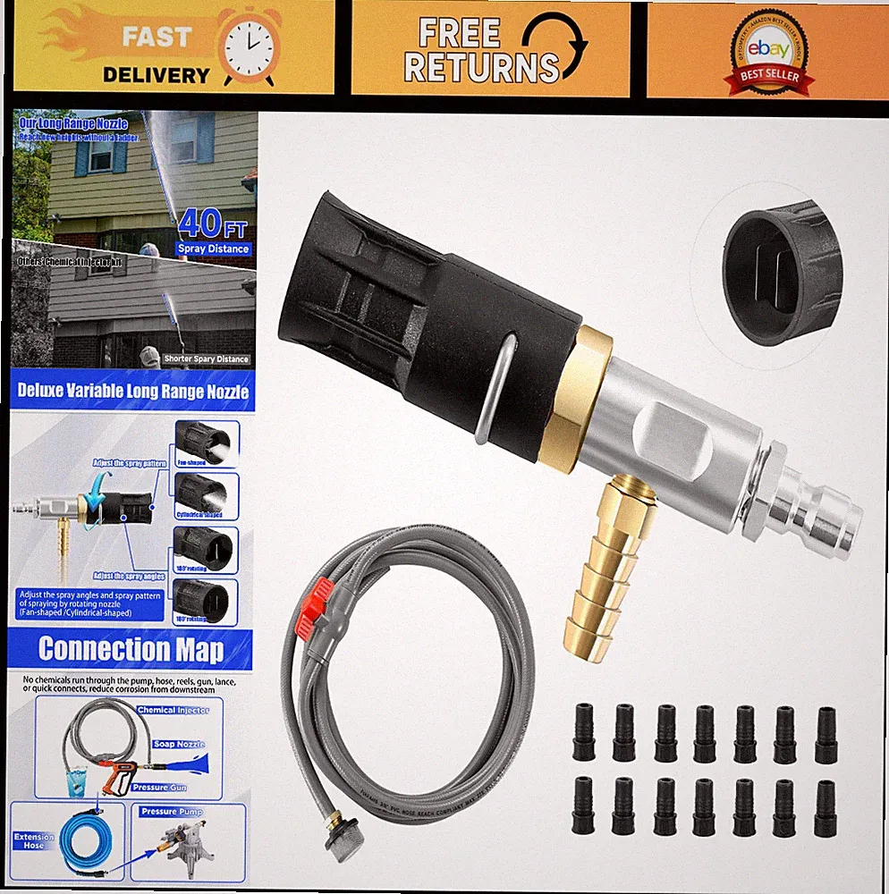 Adjustable Long Range Pressure Washer Nozzle Kit, 4-4.5 GPM, 2500-4000 PSI, Chem