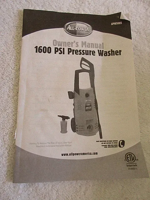 All-Power Owner's Manual - 1600 PSI Pressure Washer