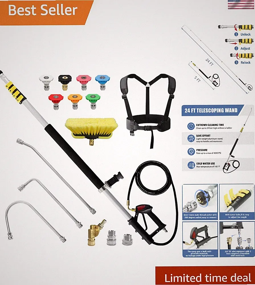 Aluminum Pressure Washer Telescoping Wand 24 FT with 2 Adapters & Support Belt