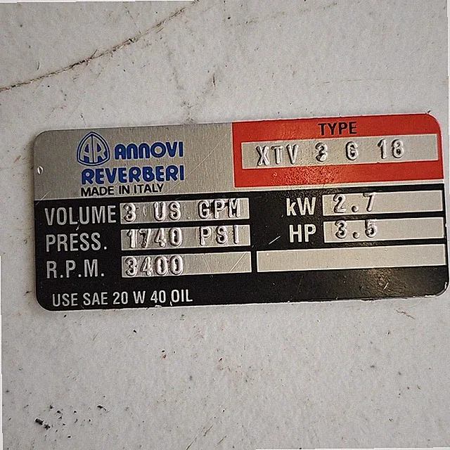 Annovi Reverberi 1740 PSI Pressure Washer Pump 3 GPM XTV3G18 Information Plate