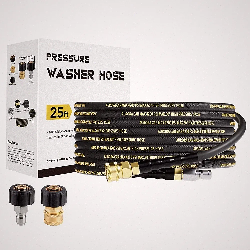 AURORA CAR Pressure Washer Hose 25 FT, 3/8 Inch QC, Steel Wire 25FT, Black