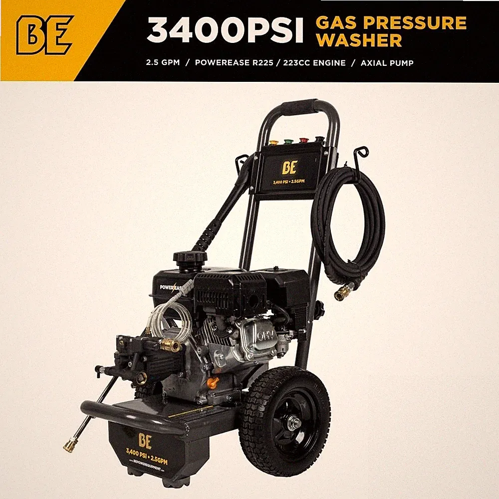 BE Gasoline Pressure Washer 3400 PSI Powerease R225, 223cc Axial Pump, Gun, Hose
