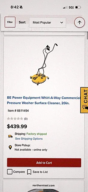 BE Power Equipment 20in 4GPM-8GPM 4000-8000 PSI Surface Cleaner W/100 Ft Hose