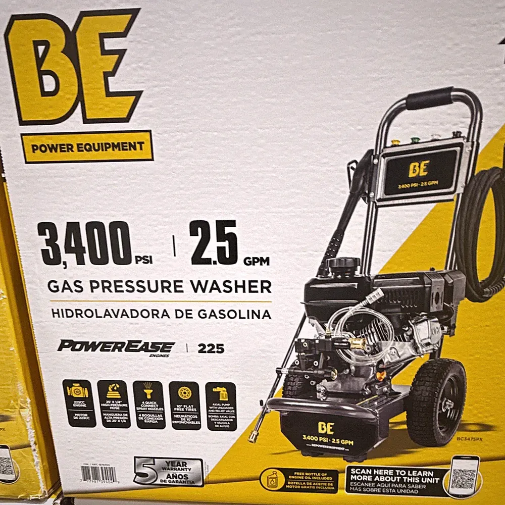 BE Power Equipment 3400 PSI 2.5 GPM Gas Cold Water Washer 225cc PowerEase