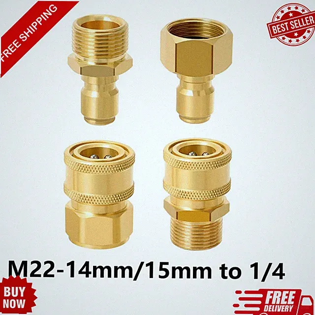 Brass M22 14mm 15mm to 1/4" Pressure Washer Adapter Quick Connect Set 5000 PSI