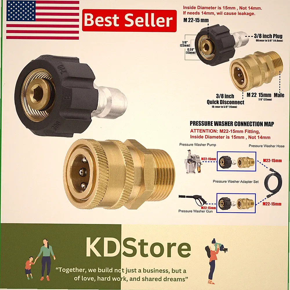 Brass Pressure Washer Adapter Set, M22 15mm Quick Connect Kit, 5000 PSI