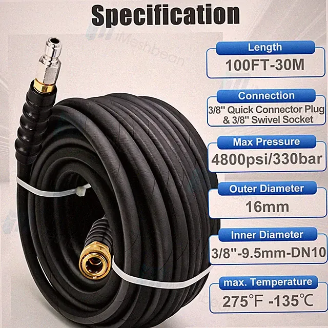 Cold & Hot Water Pressure Washer Hose 3/8" 100ft 4800psi Steel Wire Braided 275℉