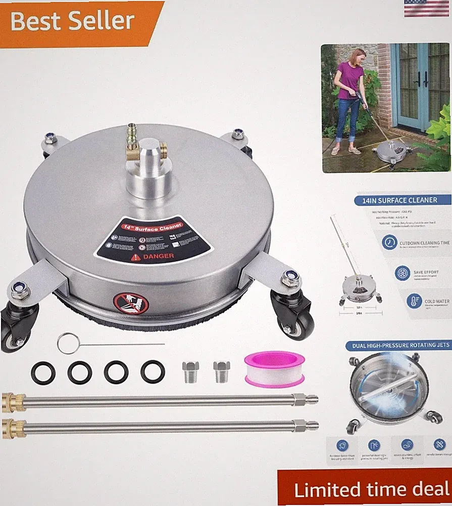 Commercial Grade 14" Stainless Steel Pressure Washer Surface Cleaner - 4000 PSI