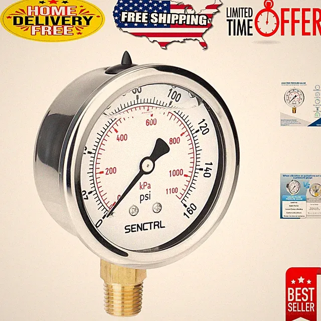 Compact 160 PSI Glycerin-Filled Gauge for RVs, Wells & Water Pumps - 2.5" Dial