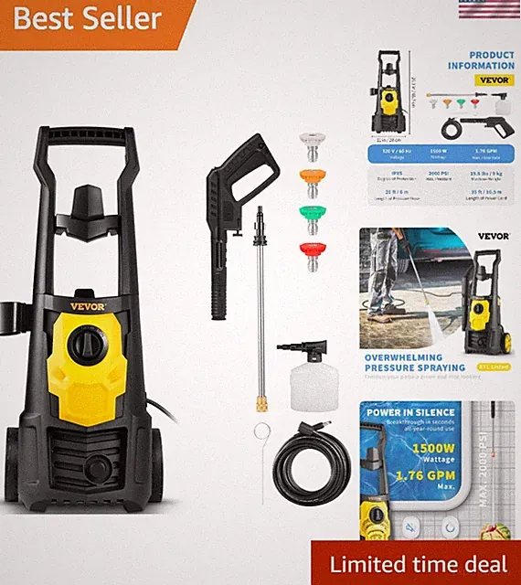 Compact 2000 PSI Electric Pressure Washer - Perfect for Patios, Cars, and More