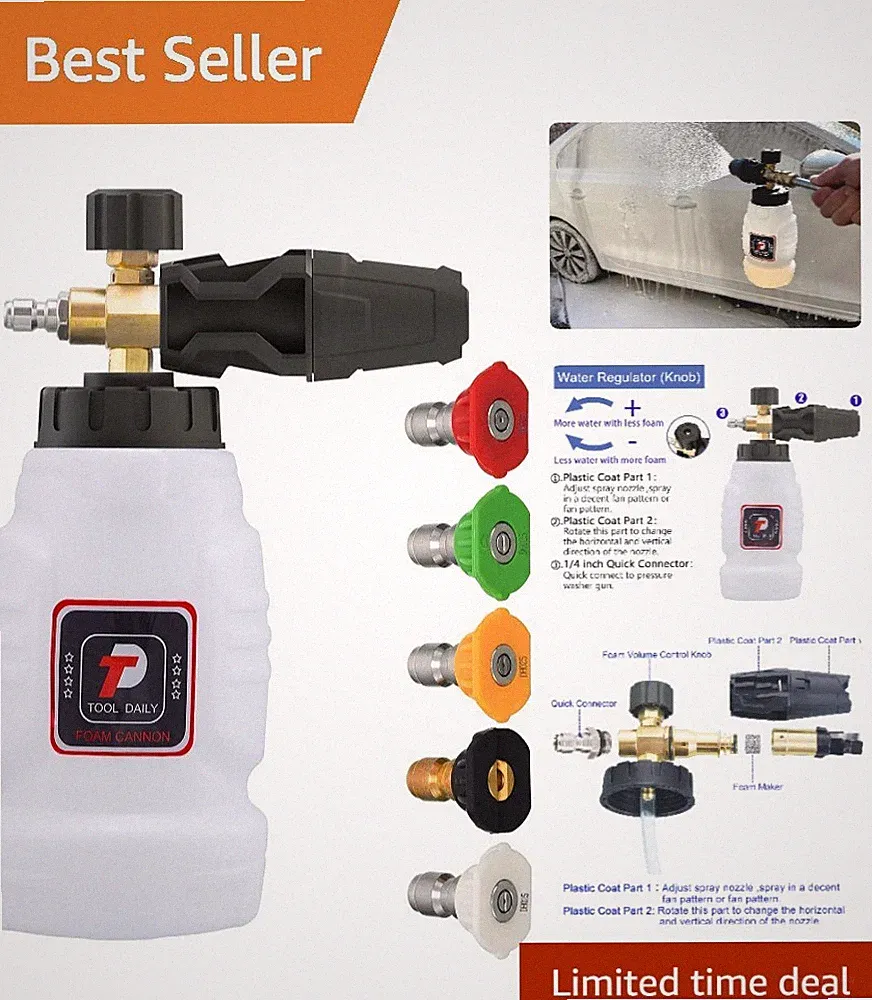Compact Foam Cannon for Pressure Washer - 1L Tank, 3600 PSI, 5 Nozzles Included