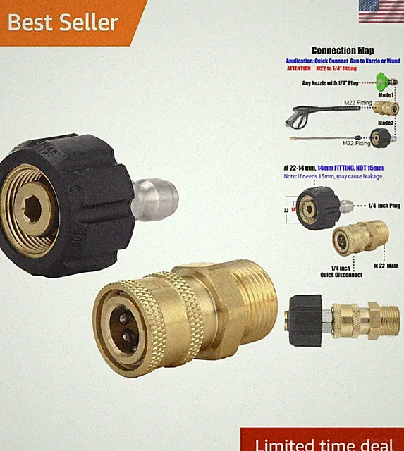 Compact M22 14mm to 1/4 Inch Pressure Washer Quick Connect Adapter - 5000 PSI
