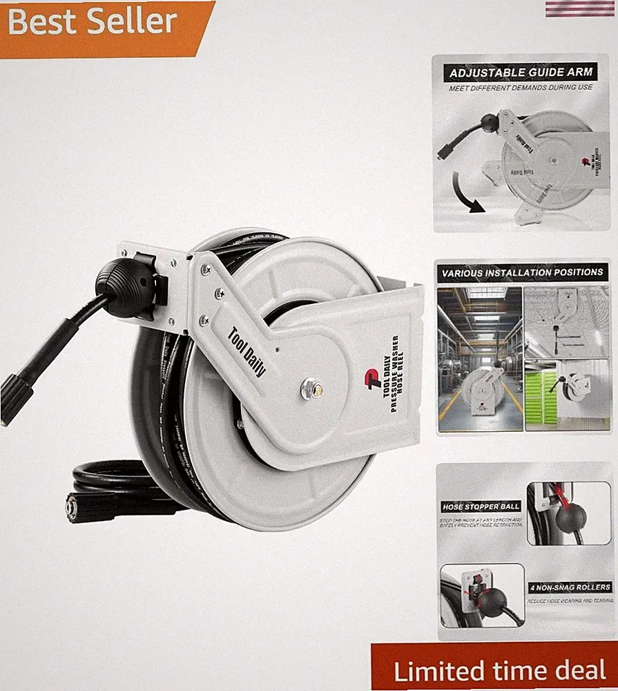 Compact Retractable Pressure Washer Hose Reel 60FT, Heavy-Duty 3600 PSI Design