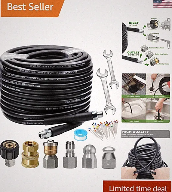 Complete 100FT Sewer Jetting Kit - Button Nose & Rotating Nozzles for Blockages