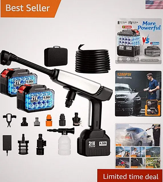 Cordless Battery Powered Pressure Washer - 1250 PSI, 28ft Hose & Dual Battery