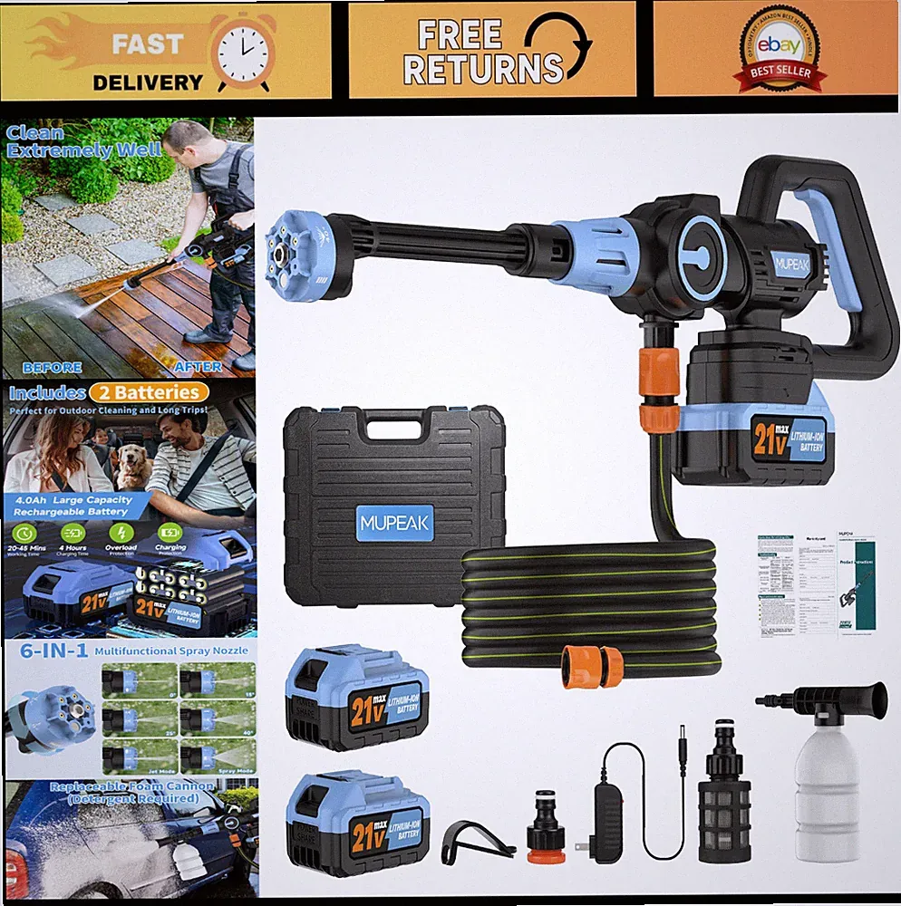 Cordless Brushless Pressure Washer 1500PSI, 2 Batteries, 6-in-1 Nozzle, 21V Port