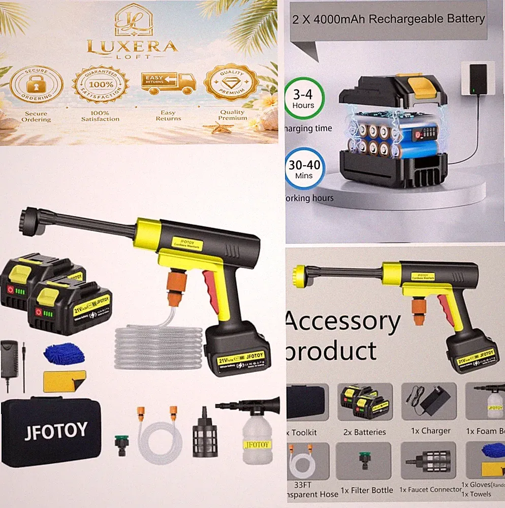 Cordless Car Washer 20V 2 Batteries 32.8 ft Hose 6-in-1 Nozzle Foam Gun 980 PSI