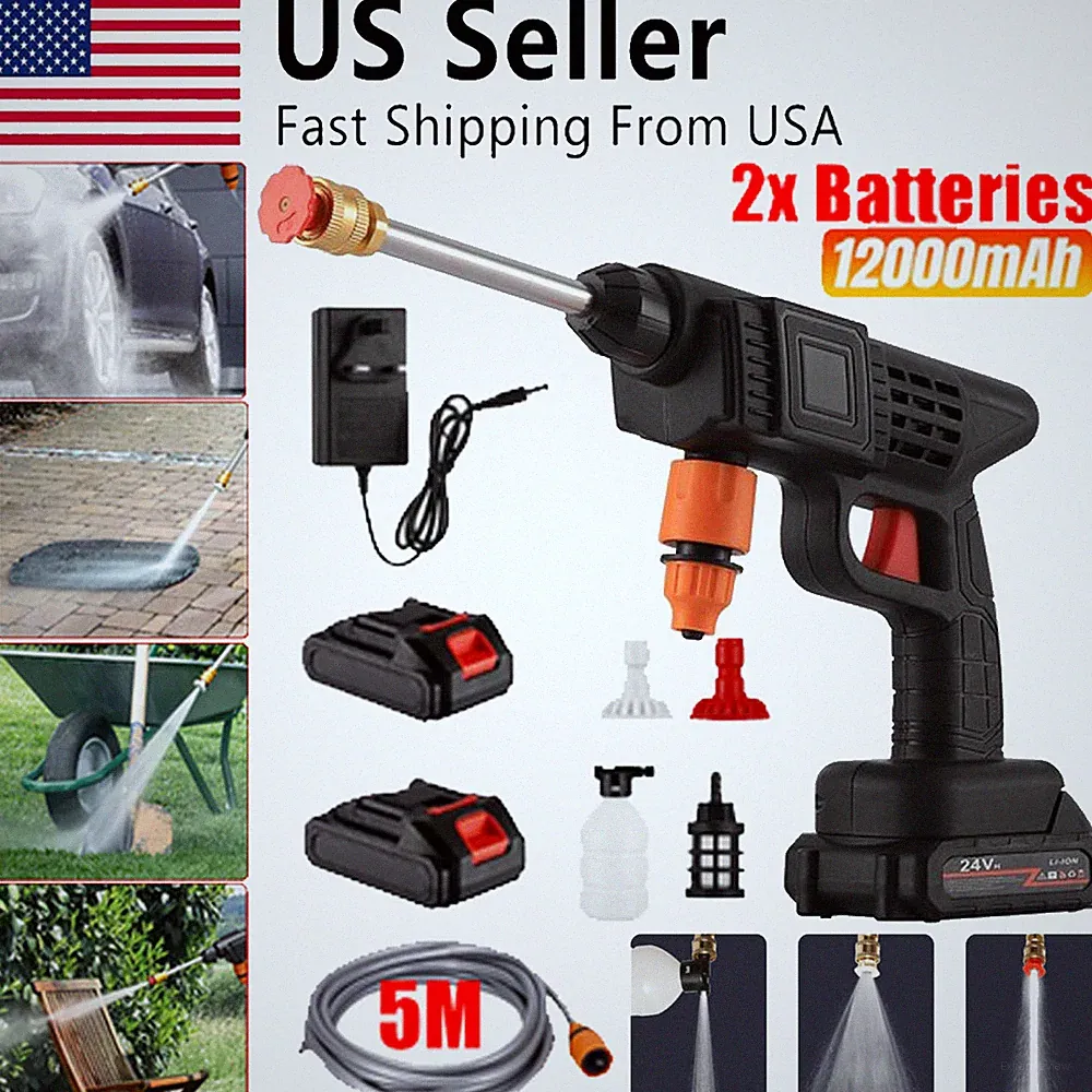 Cordless Electric High Pressure Washer 24V 2Battery 5M Hose 2 Nozzle Car Cleaner