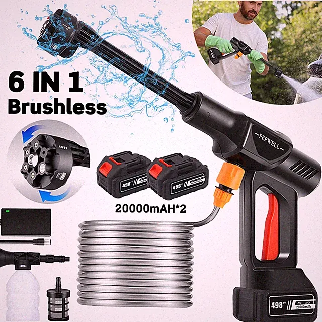 Cordless High Pressure Car Washer Gun 6in1 Nozzle 870PSI 60Bar Power Cleaner Jet