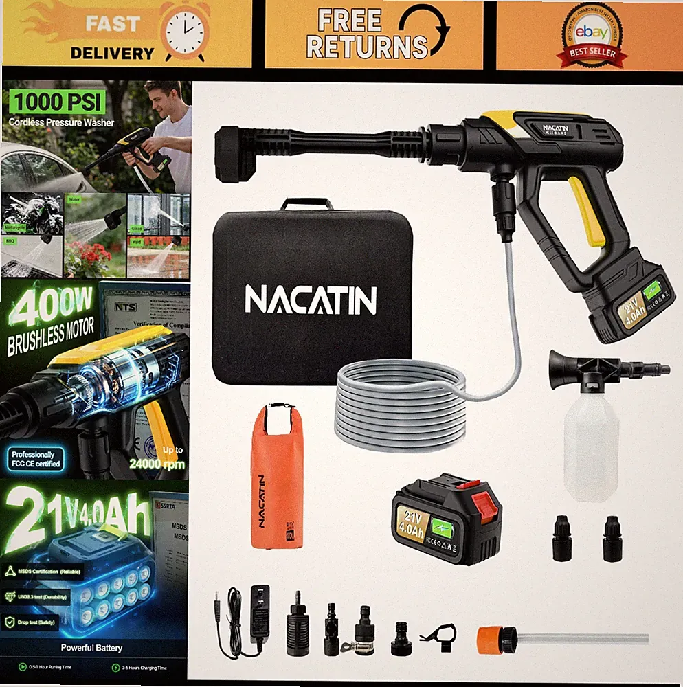 Cordless High-Pressure Washer, 9 Gear Brushless, 6-in-1 Nozzle, Battery & Hose I