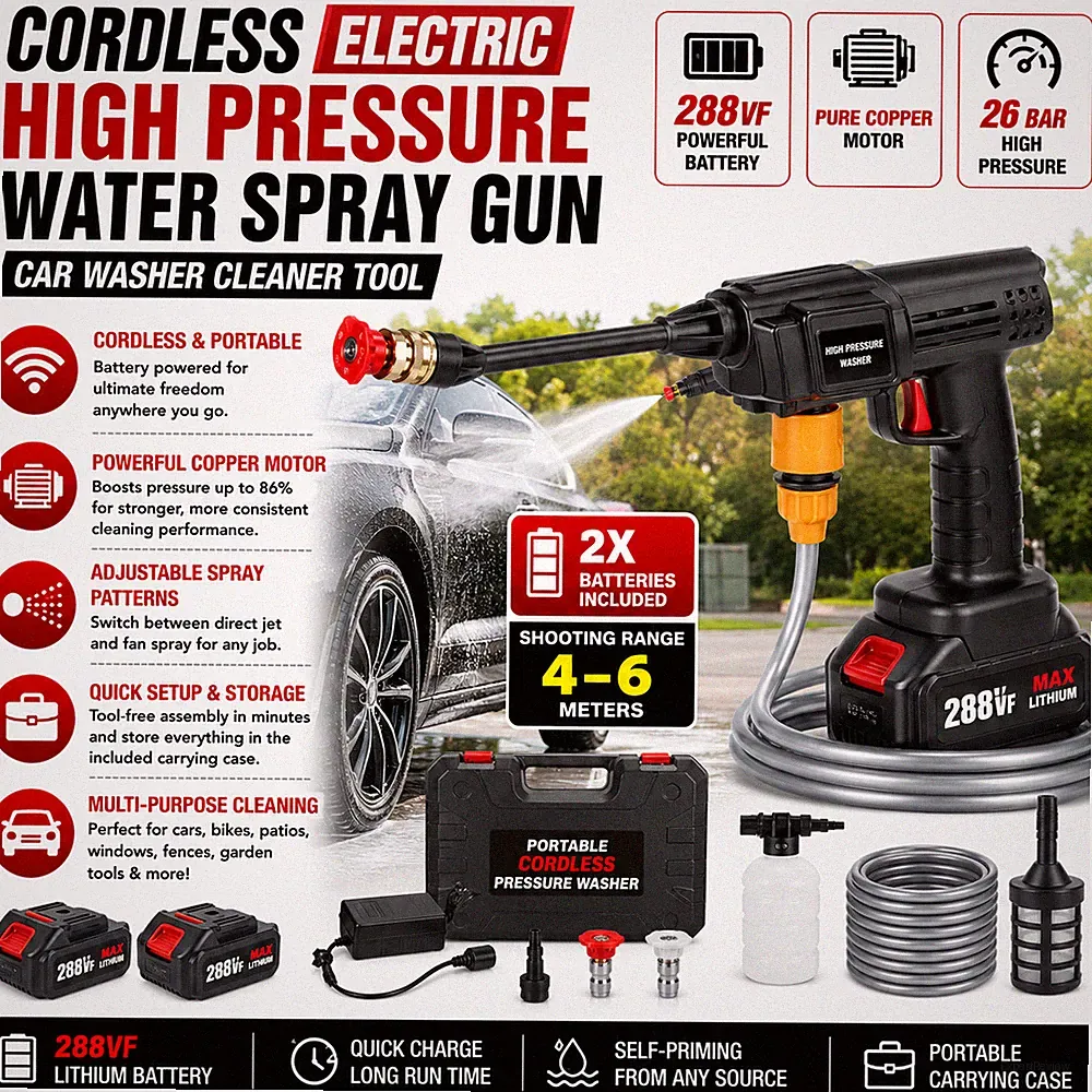 Cordless High Pressure Washer Spray Gun Car Cleaner 2 Batteries Kit