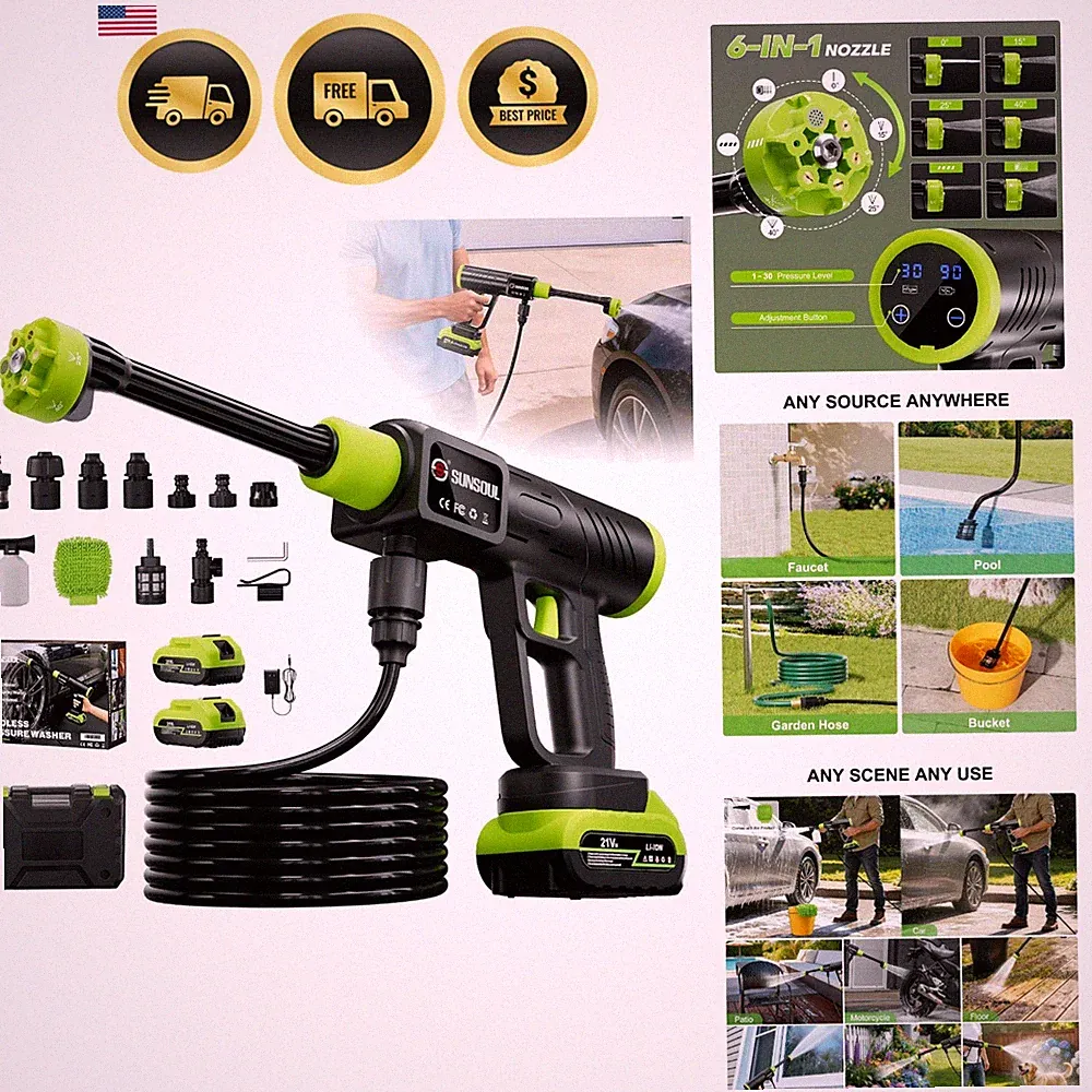 Cordless Portable Car Washer with 2 Batteries, 30-Level Adjustable Handheld W...