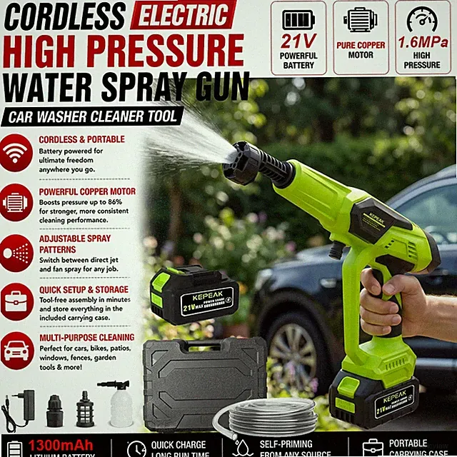 Cordless Portable Electric Water Spray Gun Car Washer Cleaner Tool w/ Battery