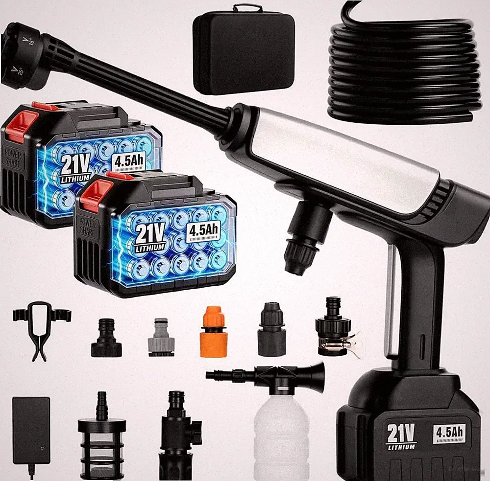 Cordless Portable Pressure Washer with 2 Batteries & 6 Nozzles for Home & Car