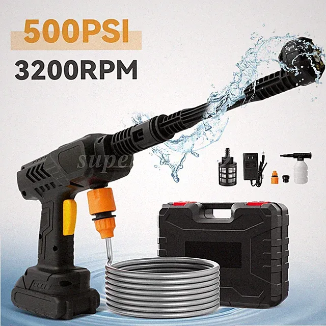 Cordless Pressure Washer 32.8FT Water Pipe Nozzles Power Cleaner Machine 500PSI