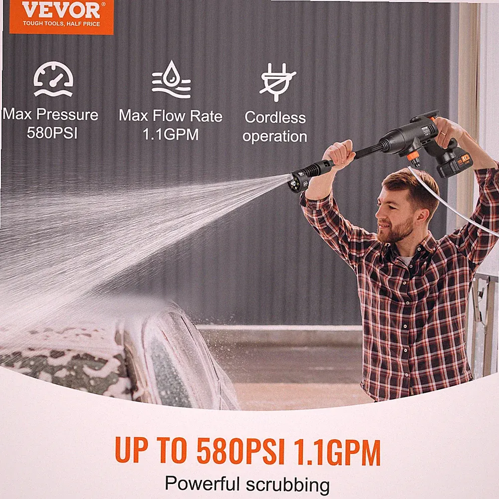 Cordless Pressure Washer 580 PSI 1.1 GPM 4.0Ah Battery 6-in-1 Nozzle