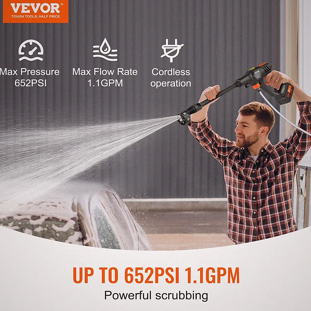Cordless Pressure Washer 652 PSI 1.1 GPM 4.0Ah Battery 6-in-1 Nozzle