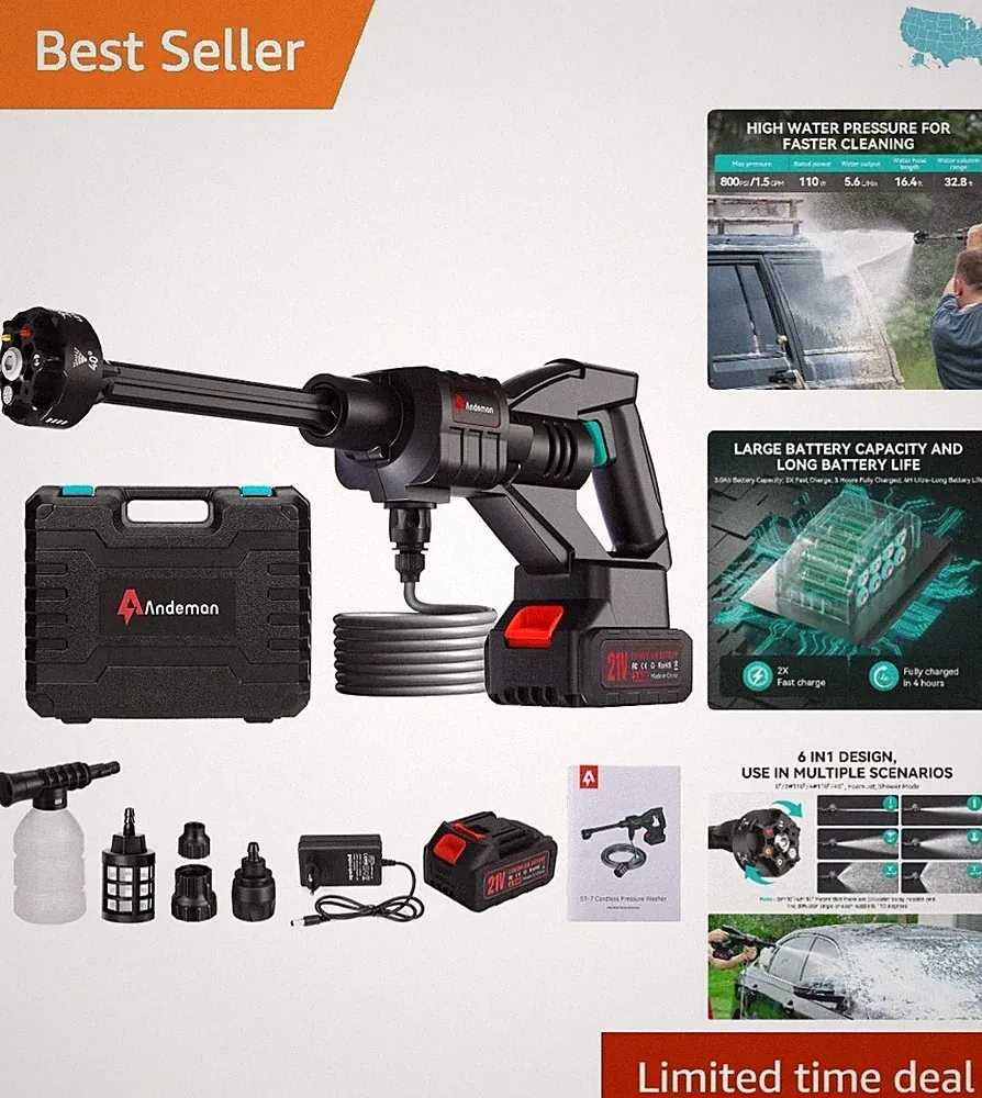 Cordless Pressure Washer 800PSI - 1.5GPM Portable Cleaning Kit with 6 Nozzles