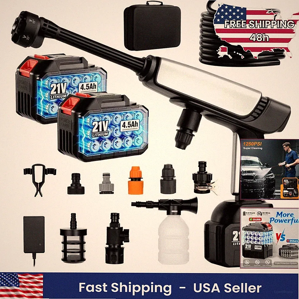 Cordless Pressure Washer Portable Power Washer 1250 PSI 21V 2 Batteries Silver
