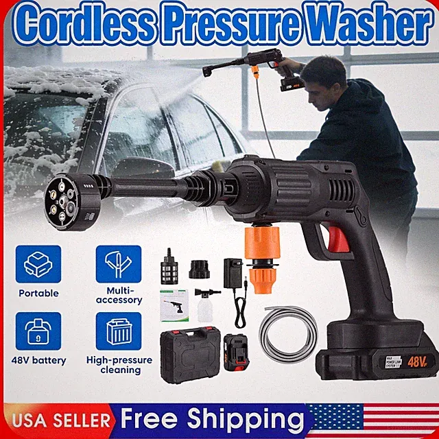 Cordless Pressure Washer，w/ 2 Batteries，5m Hose，6-in-1 Nozzle for Car Cleaning