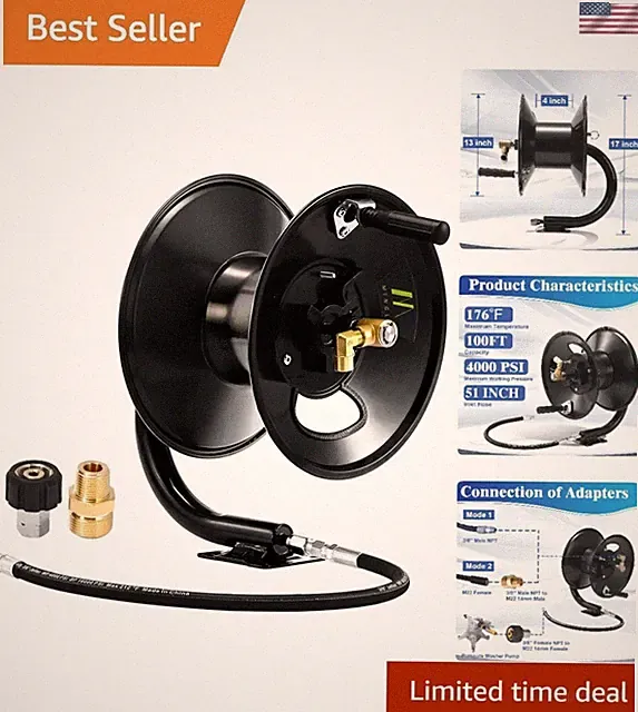 Corrosion-Resistant 100ft Pressure Washer Hose Reel with Easy-Use Swivel Arm