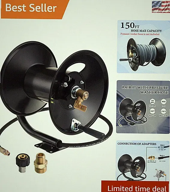 Corrosion-Resistant 150ft Hose Reel for Pressure Washers - 4000 PSI Capacity